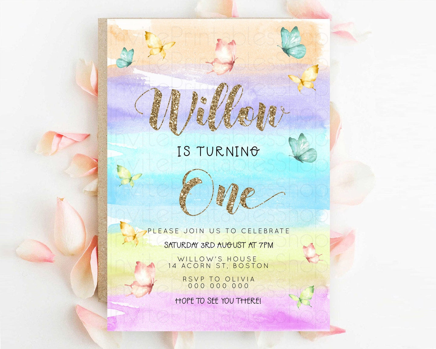 Pastel Butterfly Birthday Invitation Butterfly Birthday Invitation Colorful Splash Glitter Butterfly Garden 1st 2nd Birthday D23224