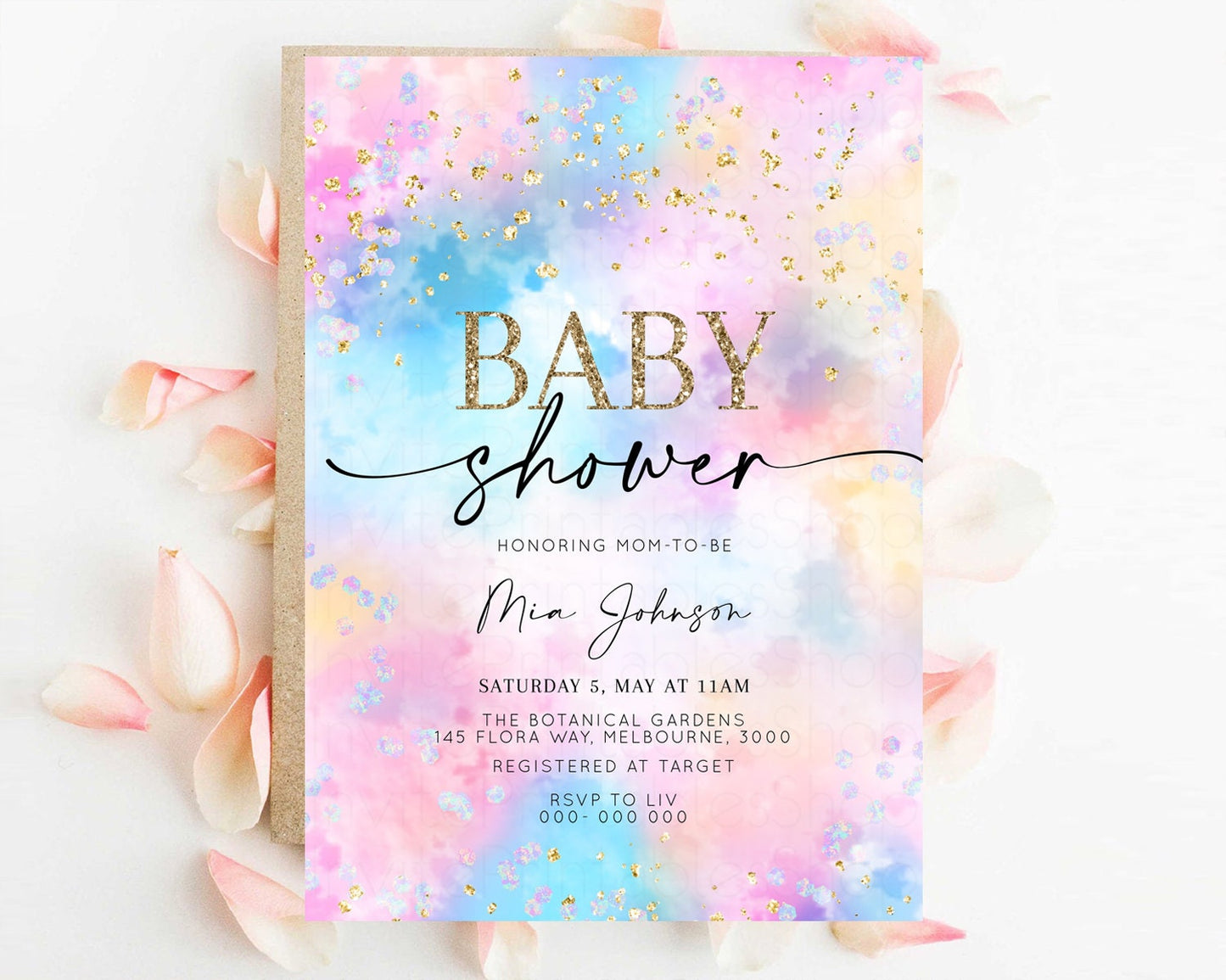 Rainbow Baby Shower Invitation Watercolor Pastel Invite Colorful Splash Baby Invite Glitter Sprinkles Ombre Clouds Invite Whimsical 589v4