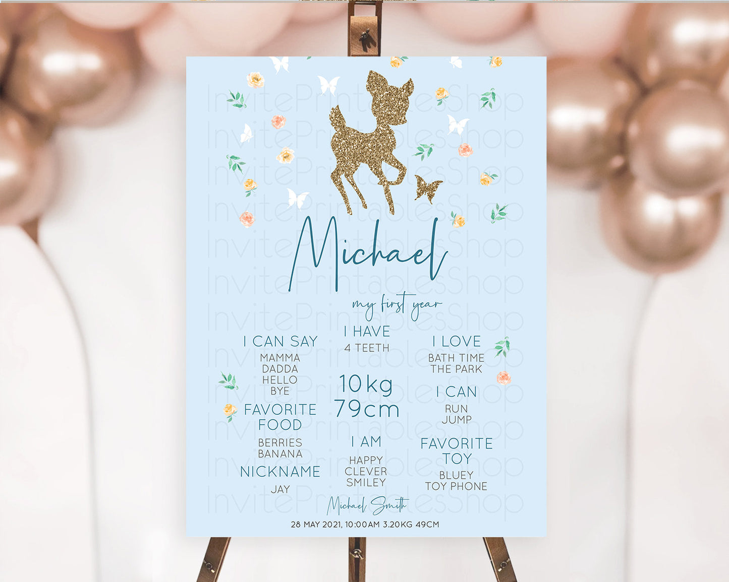 Fawn First Birthday Milestone Board Deer First Birthday Milestone Poster Enchanted Forest Butterfly Pastel Flowers 1st Birthday Sign D10902