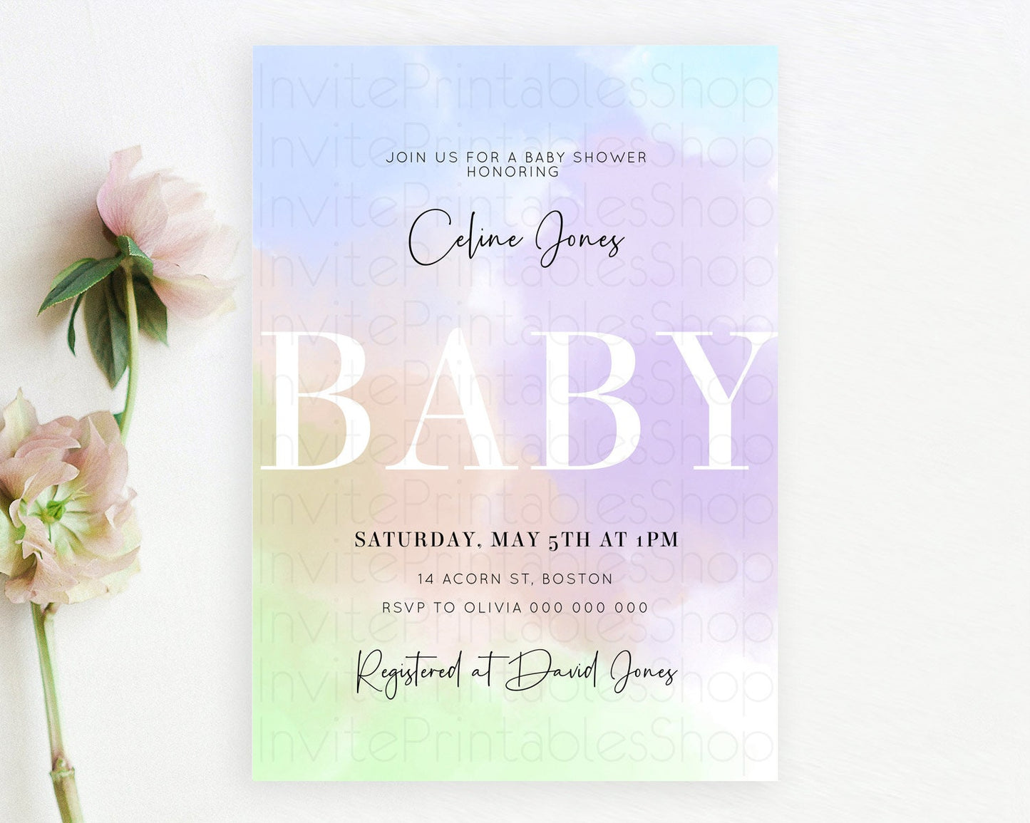 Pastel Baby Shower Invitation Rainbow Baby Shower Invitation Colorful Pastel Watercolor Invitation Gold Glitter Sprinkles Ombre D10371