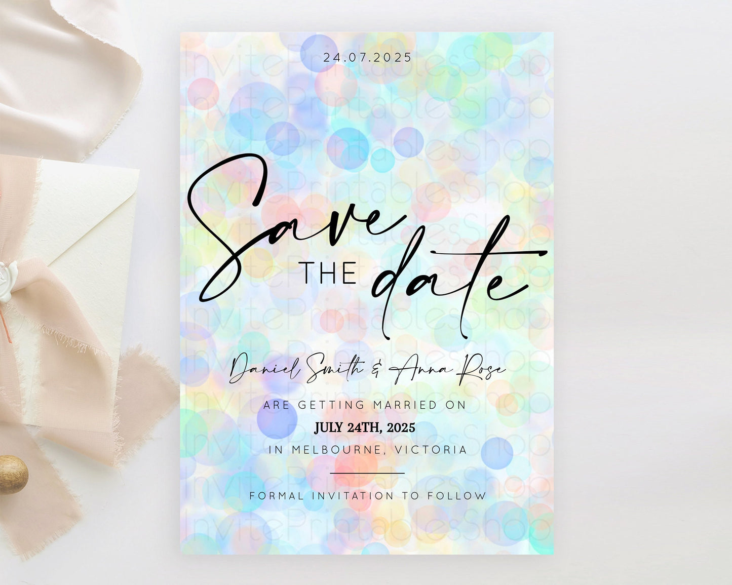 Pastel Bubbles Save The Date Template Bubble Bath Party Rainbow Colorful Confetti Sprinkles 1st Birthday Baby Shower Baptism Wedding D10446