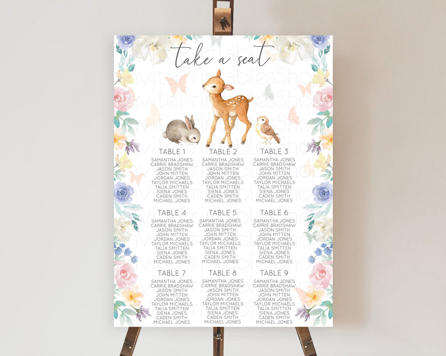 Fawn Seating Chart Deer Seating Chart Enchanted Forest Party Butterfly Pastel Flowers Whimsical Seating Chart Woodland Seating Sign D10930