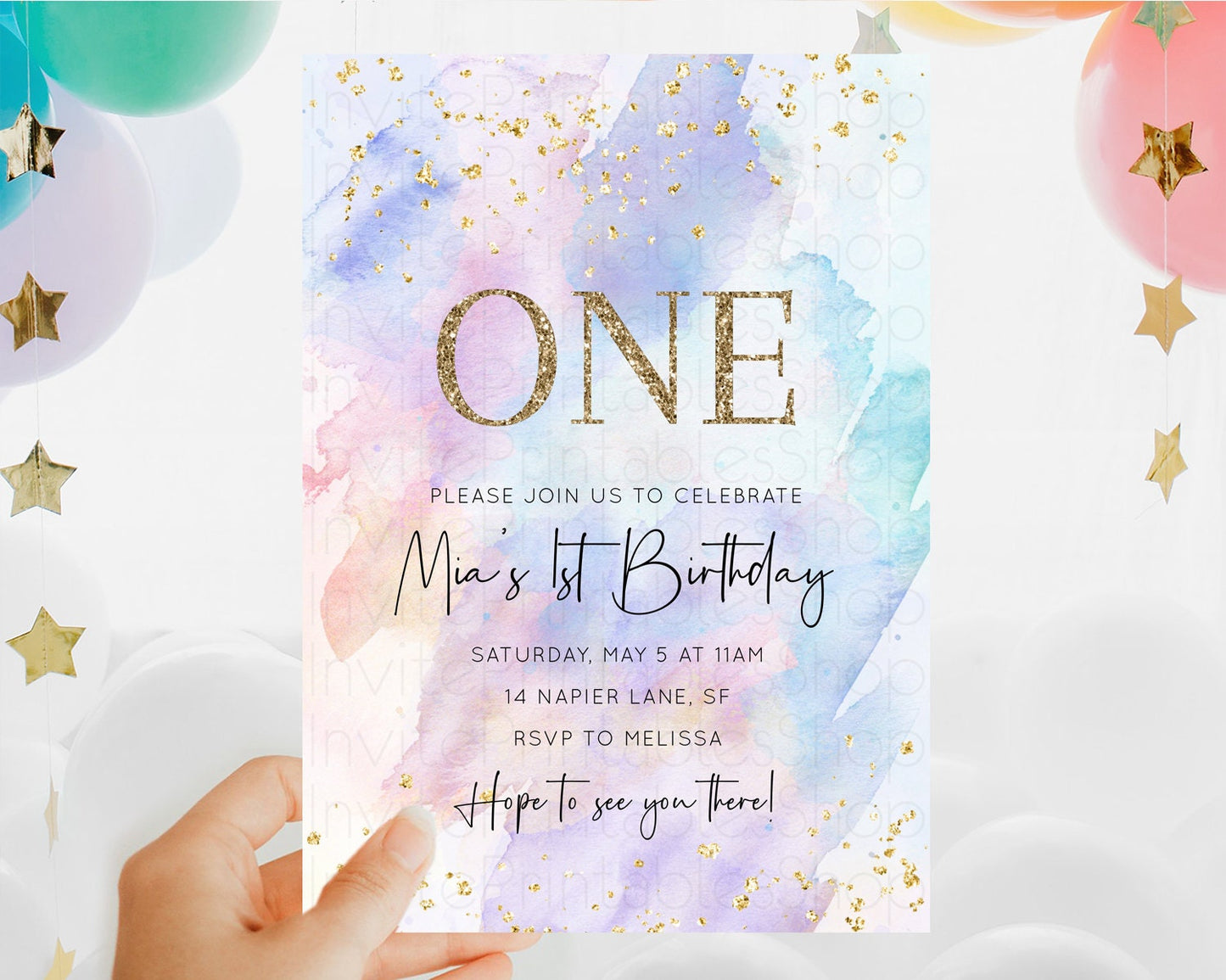 Rainbow Birthday Invitation Colorful Pastel Watercolor Invitation Gold Glitter Sprinkles Ombre Pastel 1st 2nd 3rd Birthday D10585