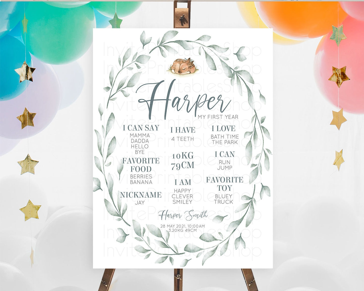 Fawn First Birthday Milestone Board Deer First Birthday Milestone Poster Enchanted Forest Butterfly Pastel Flowers 1st Birthday Sign D10935