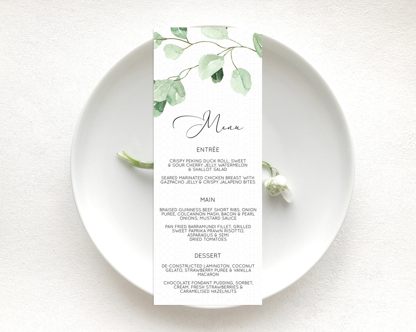 Leafy Menu Green Leaf Menu Template Eucalyptus Fern Leaves Decor Watercolor Boho Garden Leaf Branch Dinner Dessert Party Food Menu D11054