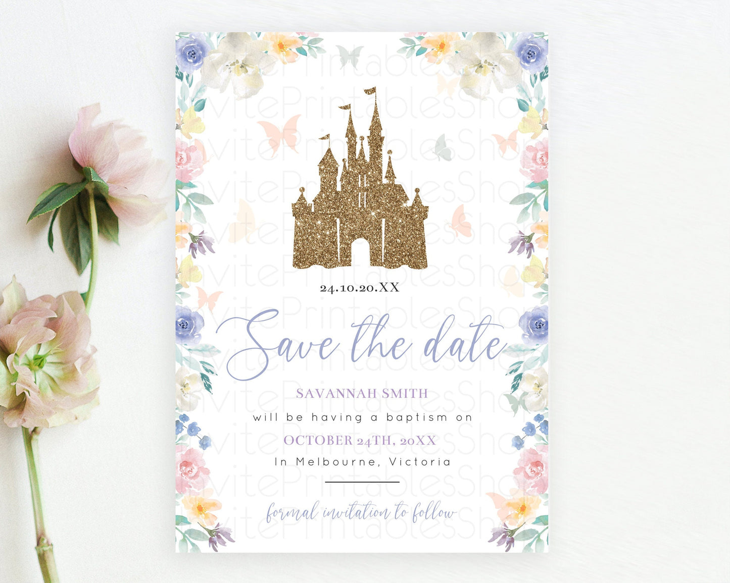 Princess Save The Date Template Secret Garden Enchanted Castle Pastel Floral Royal Party For 1st Birthday Baptism Baby Shower D10931