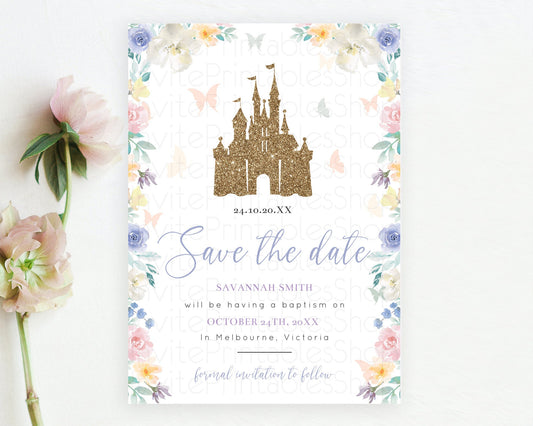 Princess Save The Date Template Secret Garden Enchanted Castle Pastel Floral Royal Party For 1st Birthday Baptism Baby Shower D10931