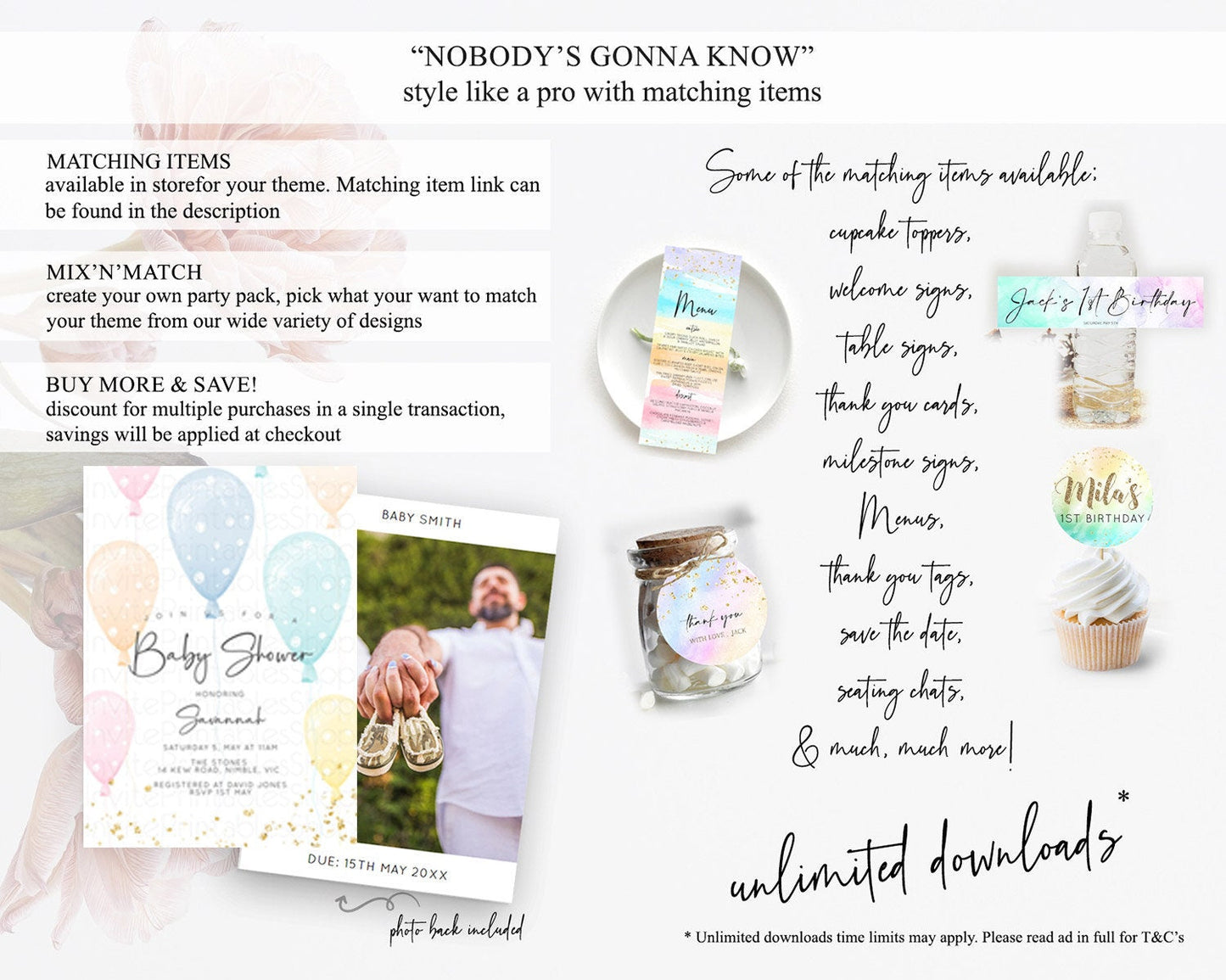 Pastel Rainbow Balloon Baby Shower Invitation, Balloon Invitation, Gender Reveal in Pink, Blue, Yellow, Orange with Gold Sprinkles D10776