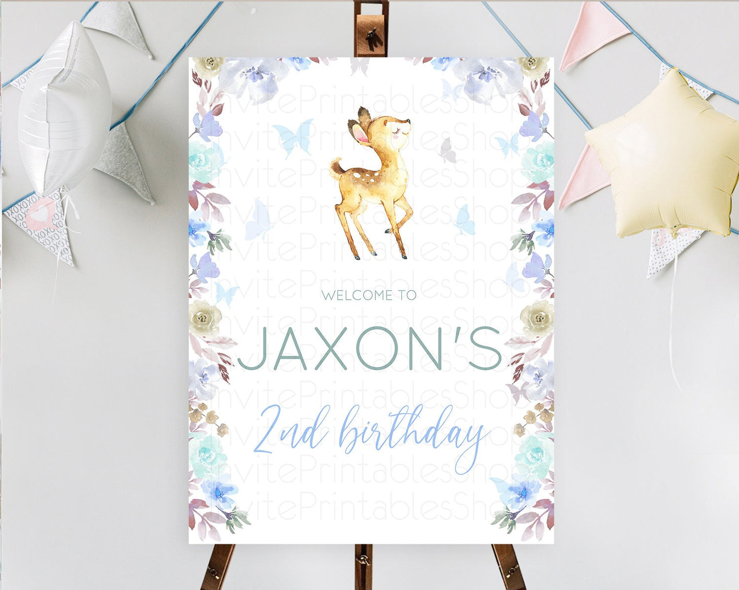 Fawn Welcome Sign Deer Welcome Board Floral Deer Welcome Poster Enchanted Forest Butterfly Pastel Floral First Birthday Welcome Sign D10960