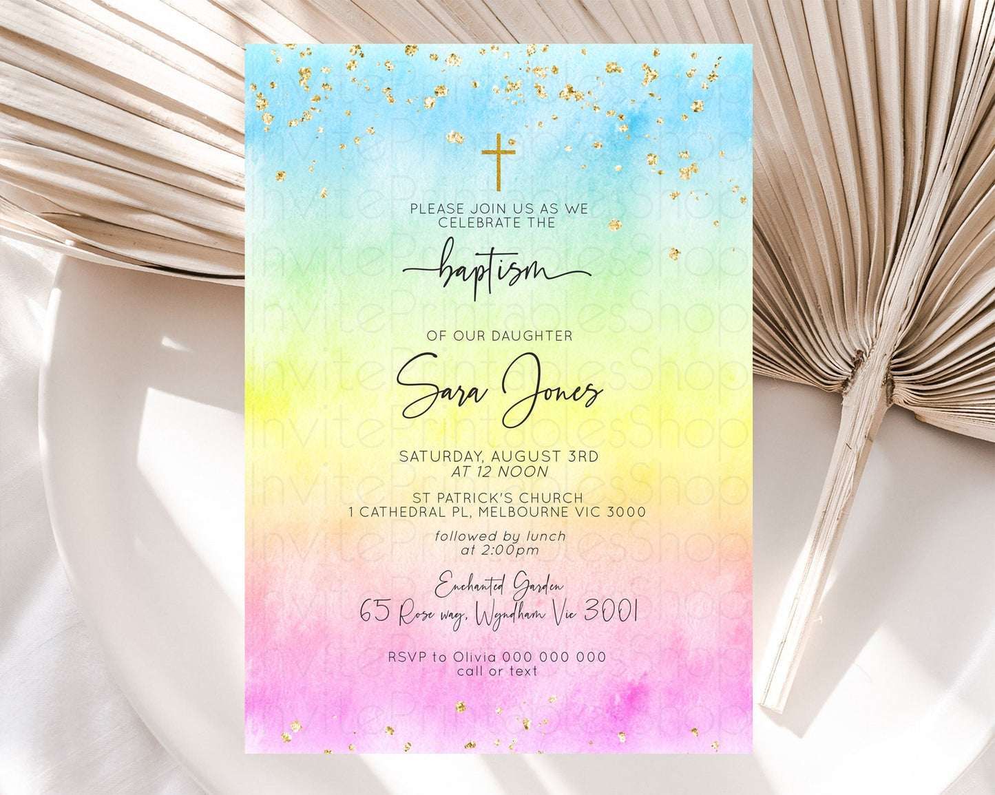 Pastel Baptism Invitation Pastel Colors Watercolor Baptism 1st Birthday Party Gold Ombre Pastel Rainbow Christening Holy Communion D10480