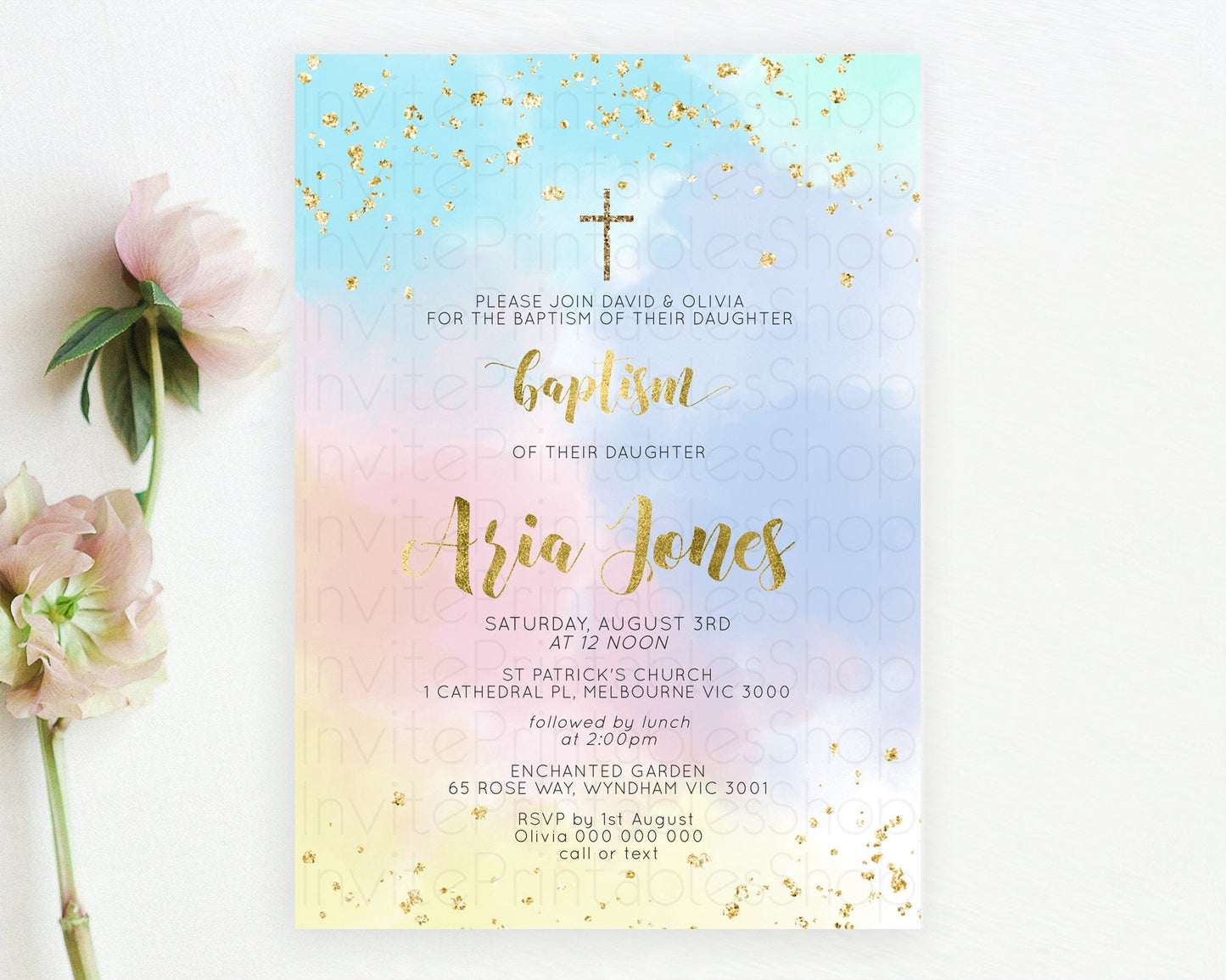 Pastel Baptism Invitation Pastel Colors Watercolor Baptism 1st Birthday Party Gold Ombre Pastel Rainbow Christening Holy Communion D10892