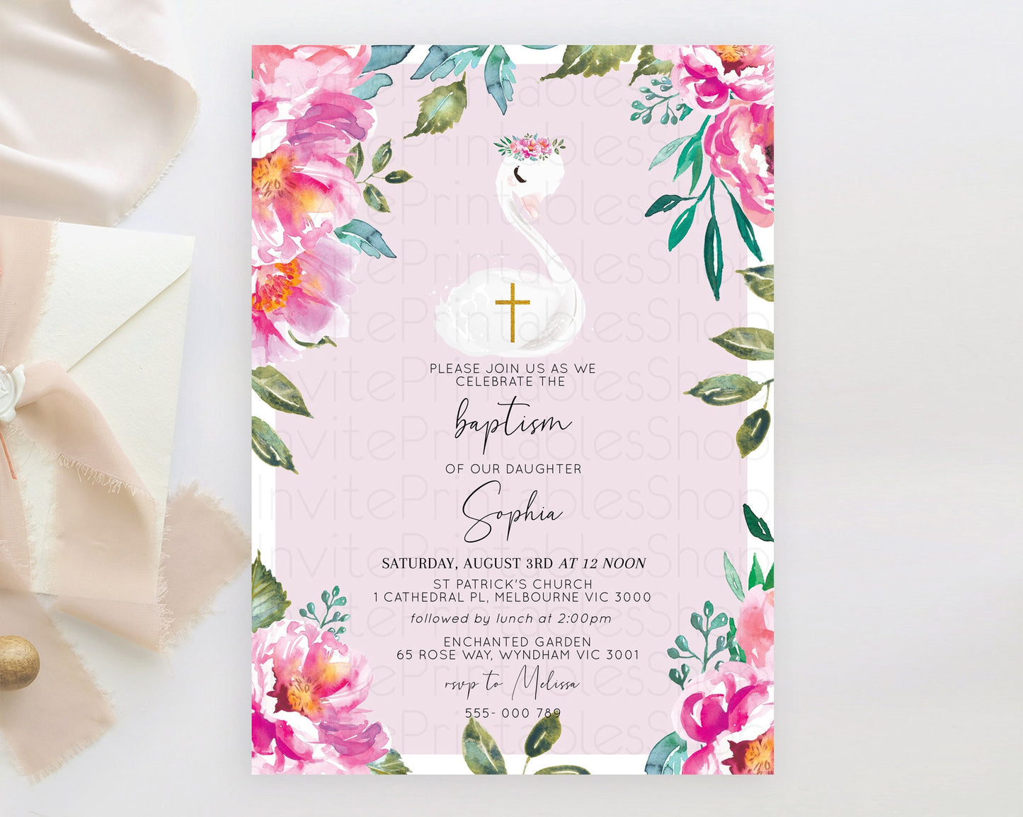 Swan Lake Baptism Invitation Swan Princess Ballet Baptism 1st Birthday Enchanted Forest Secret Garden Watercolour Pastel Floral D10757