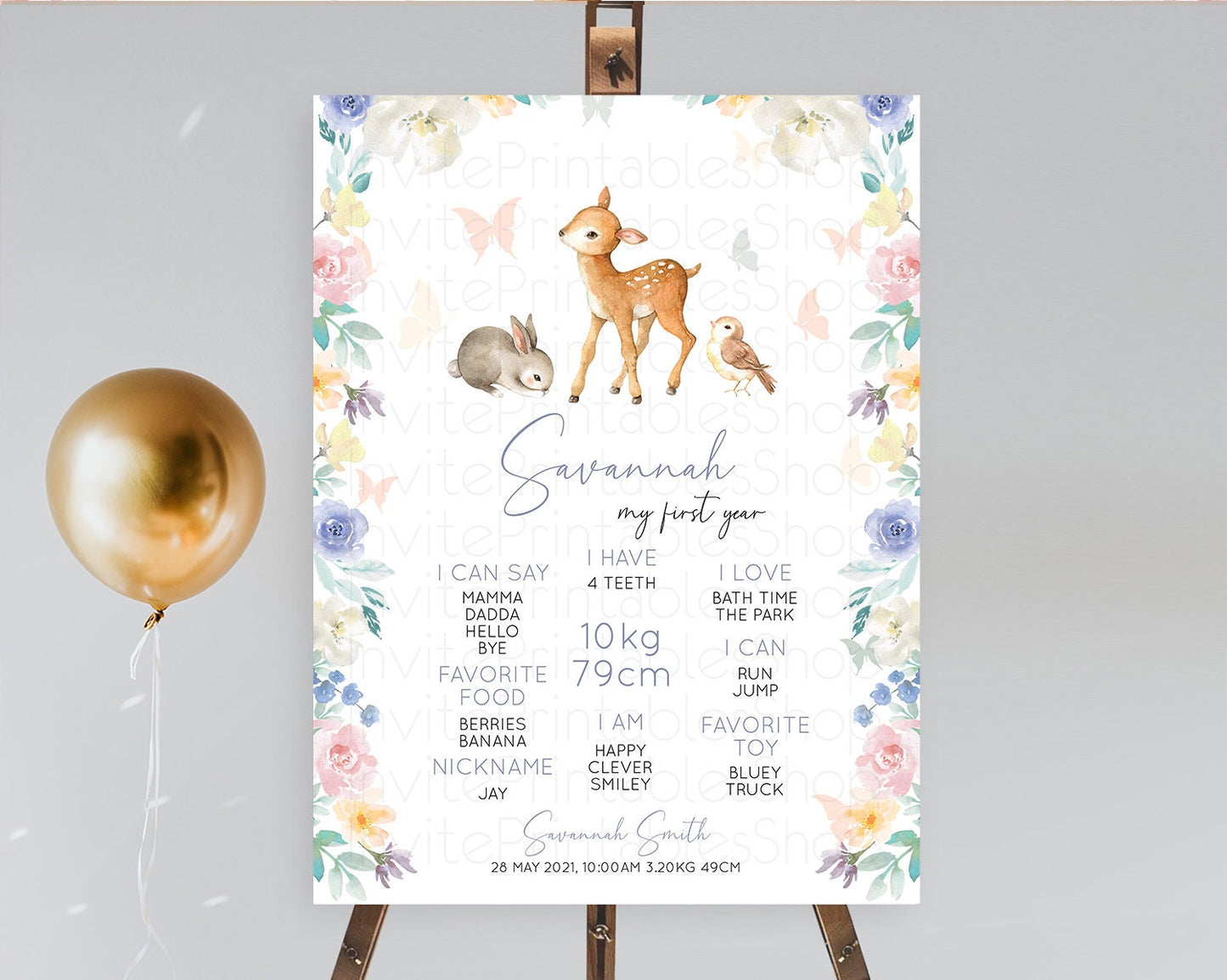 Fawn First Birthday Milestone Board Deer First Birthday Milestone Poster Enchanted Forest Butterfly Pastel Flowers 1st Birthday Sign D10930