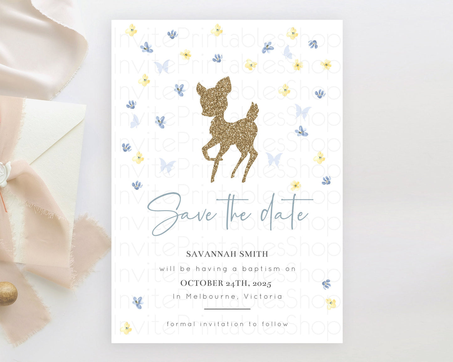 Fawn Deer Save The Date Template Pastel Floral Deer Enchanted Forest Butterfly Party 1st Birthday Baptism Baby Shower Bridal Shower D10864