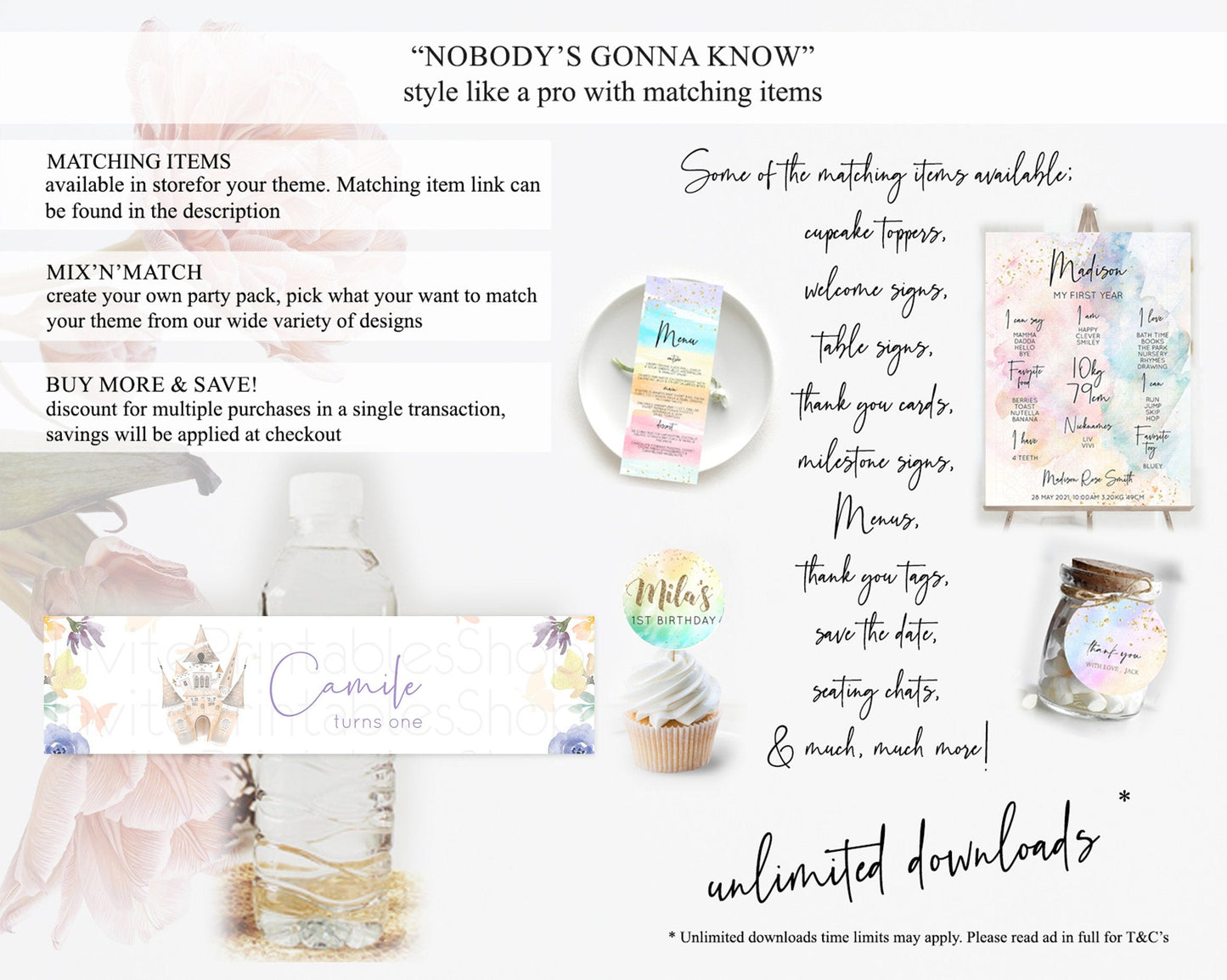 Princess Water Label Template Secret Garden Enchanted Castle Pastel Floral Royal Party Decor For 1st Birthday Baptism Baby Shower D10709