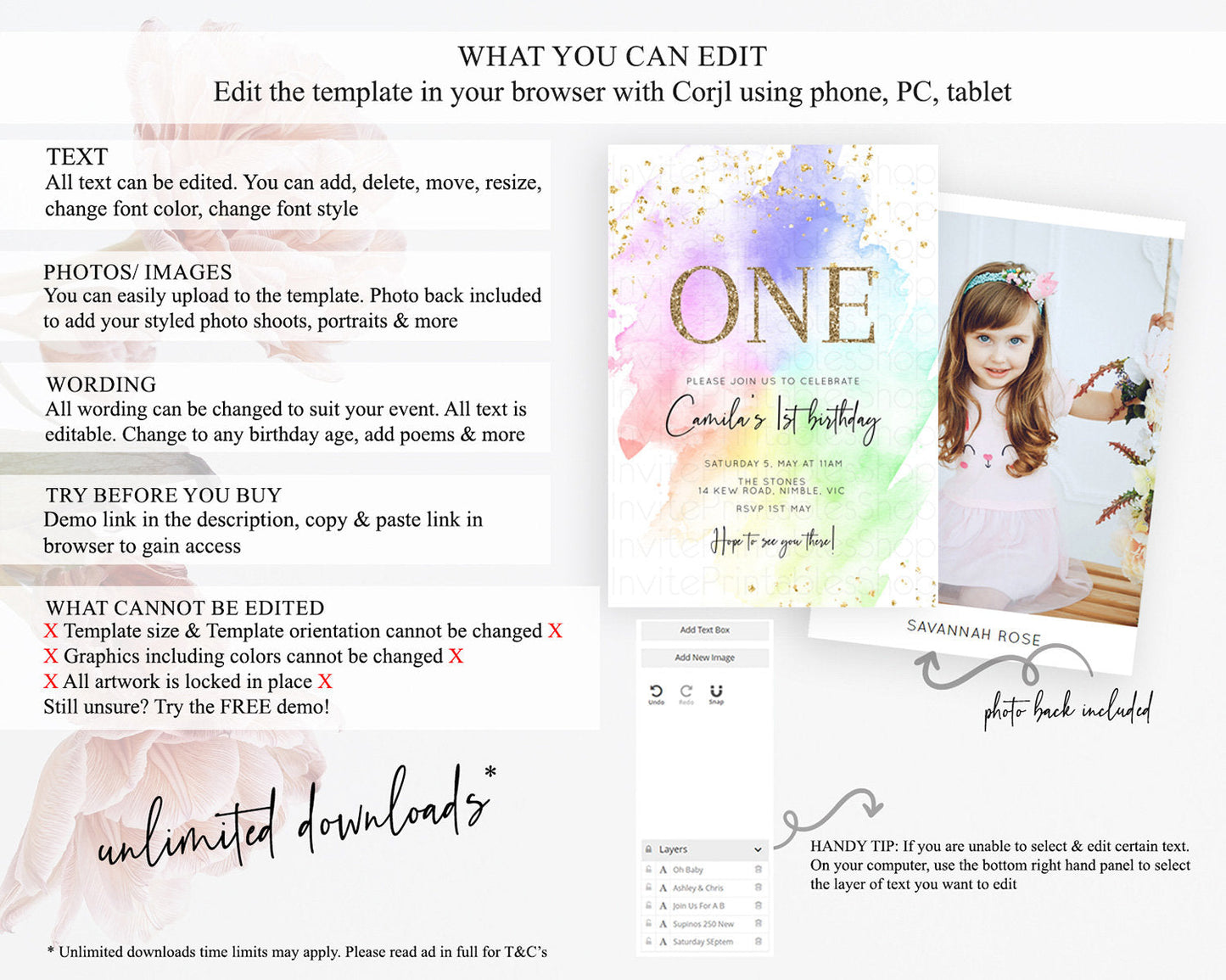 Rainbow Birthday Invitation Colorful Pastel Watercolor Invitation Gold Glitter Sprinkles Ombre Pastel 1st 2nd 3rd Birthday D10316