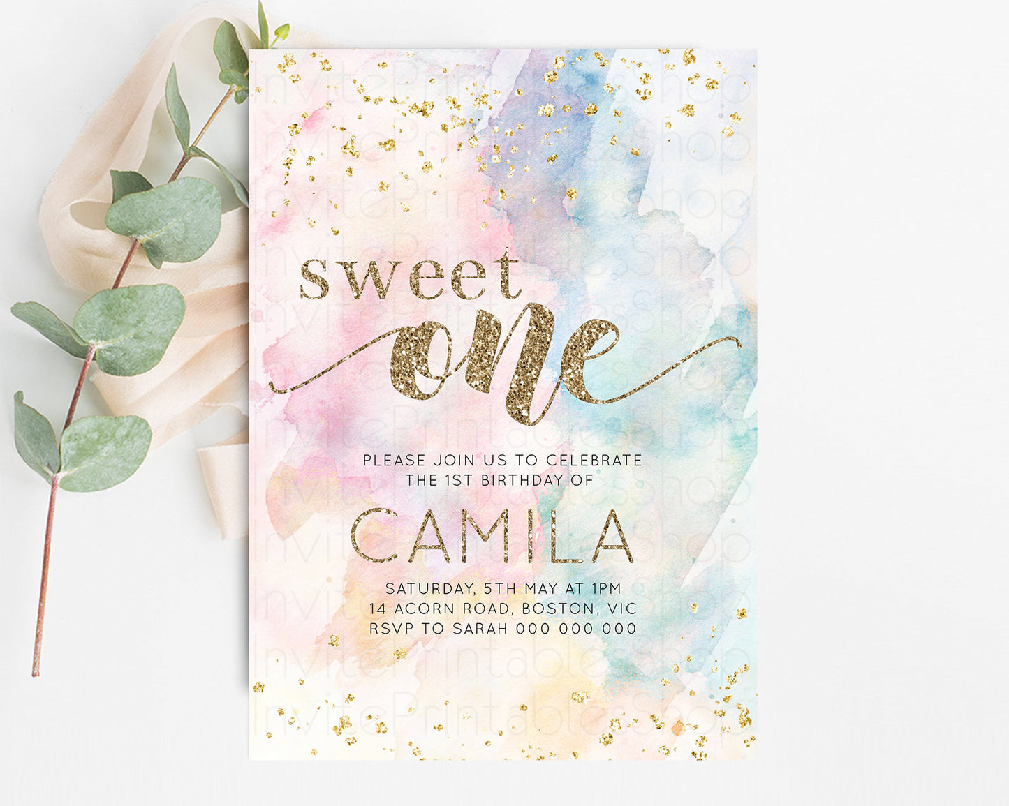 Rainbow Birthday Invitation Glitter Pastel Invitation Colorful Watercolor Gold Foil Splatter Sprinkle Ombre 1st 2nd 3rd Sweet One Invite 276