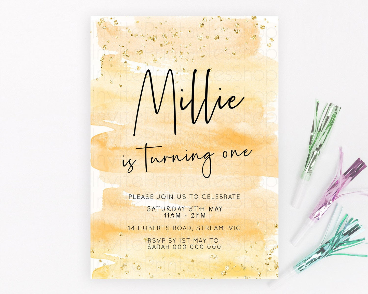 Pastel Birthday Invitation Ombre Watercolor Birthday Invitation Glitter Rainbow Color Splash 1st 2nd 3rd Birthday Invitation D23047
