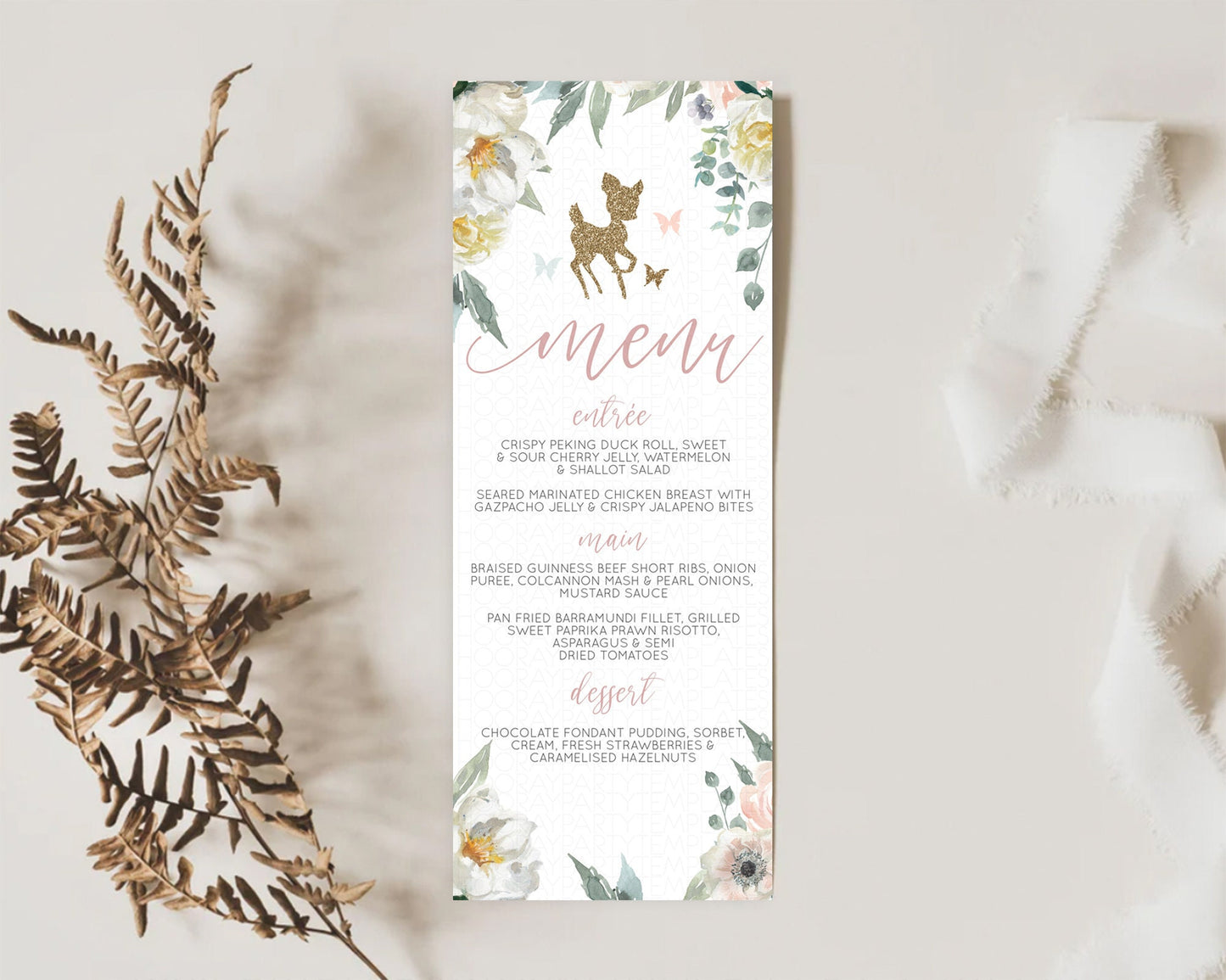 Fawn Menu Deer Menu Template Pastel Floral Deer Table Decor Enchanted Forest Butterfly Floral Dinner Dessert Menu Party Food Menu D10120