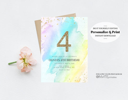 Pastel Rainbow Birthday Invitation Colorful Watercolor Splash Ombre Ink Paint Gold Confetti Glitter Age  Purple Pink Blue 146v3