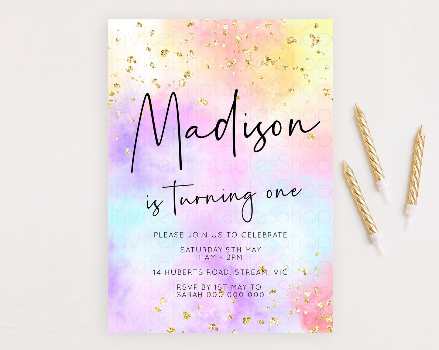 Rainbow Birthday Invitation Colorful Pastel Watercolor Invitation Gold Glitter Sprinkles Ombre Pastel 1st 2nd 3rd Birthday D10438