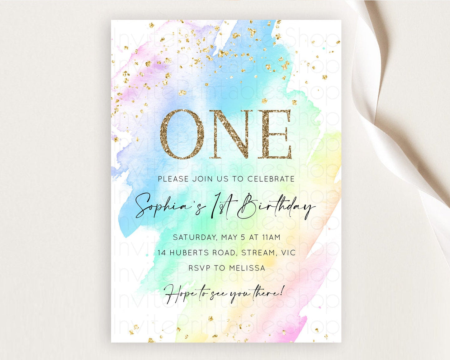 Rainbow Birthday Invitation Colorful Pastel Watercolor Invitation Gold Glitter Sprinkles Ombre Pastel 1st 2nd 3rd Birthday D10640