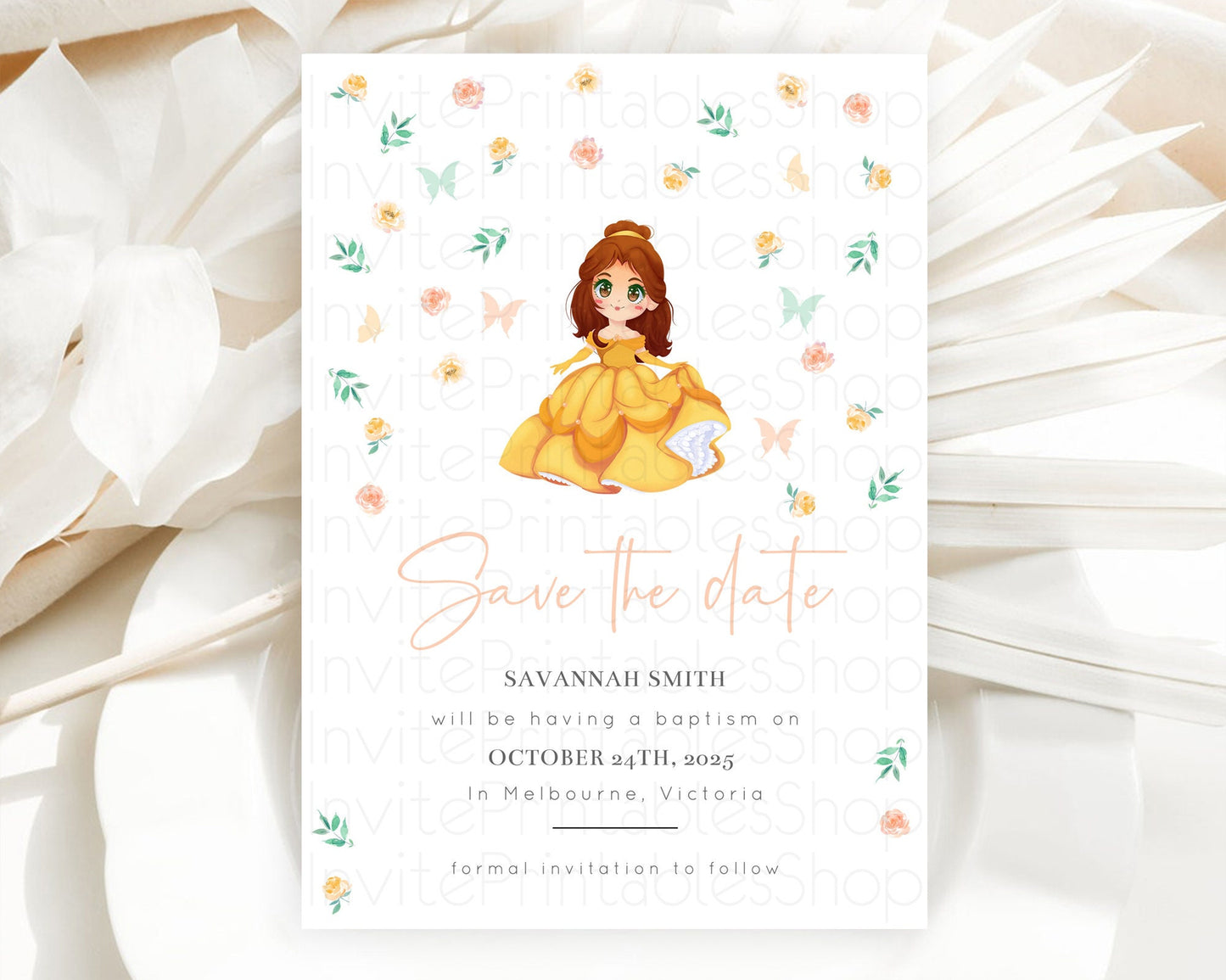 Princess Save The Date Template Secret Garden Enchanted Castle Pastel Floral Royal Party For 1st Birthday Baptism Baby Shower D10890