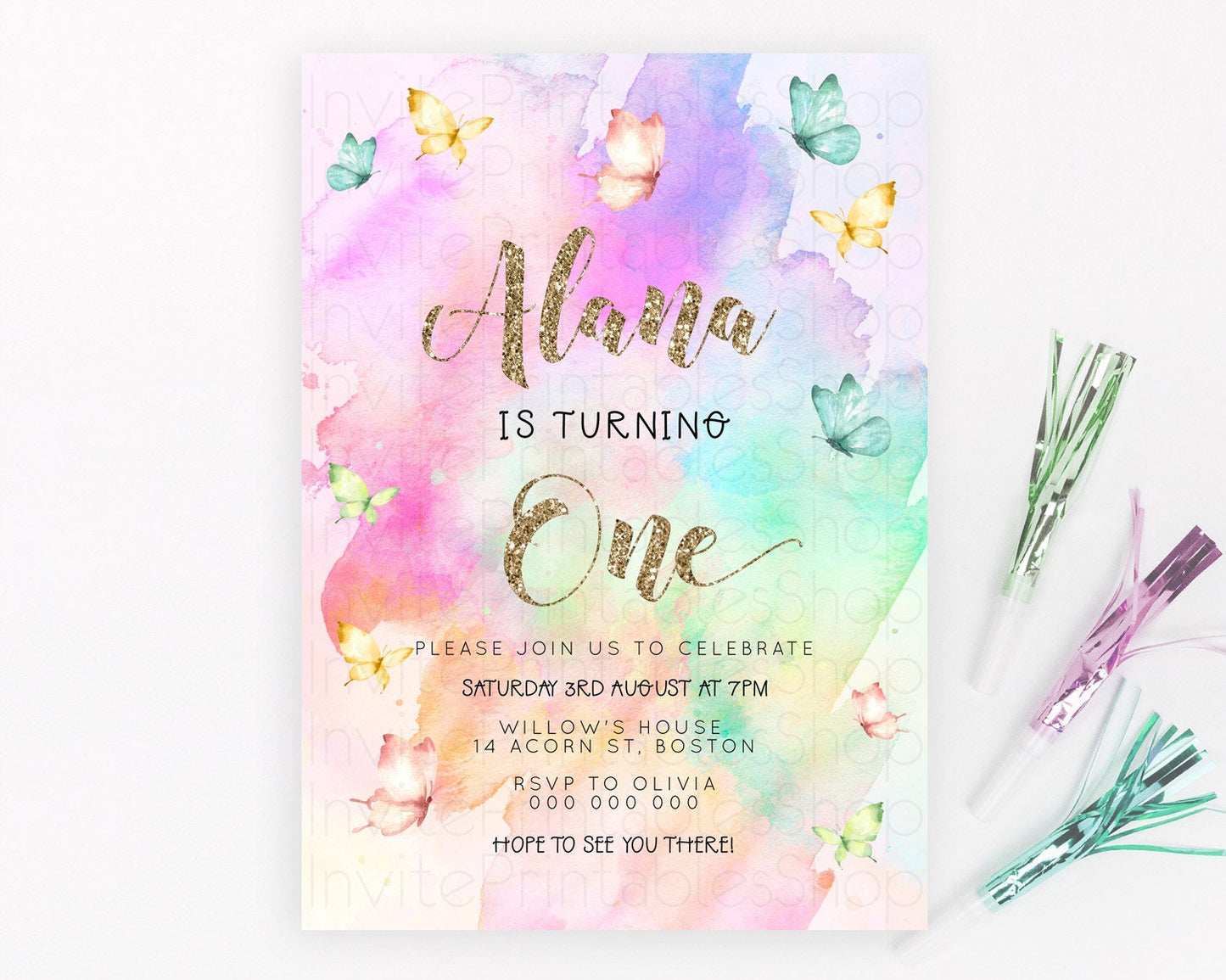 Pastel Butterfly Birthday Invitation Butterfly Birthday Invitation Colorful Splash Glitter Butterfly Garden 1st 2nd Birthday D23243