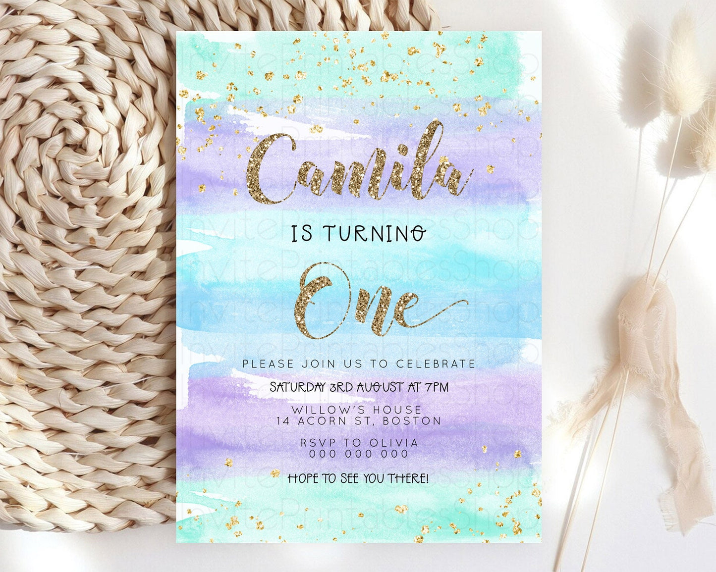Rainbow Birthday Invitation Colorful Pastel Watercolor Invitation Gold Glitter Sprinkles Ombre Pastel 1st 2nd 3rd Birthday D23270