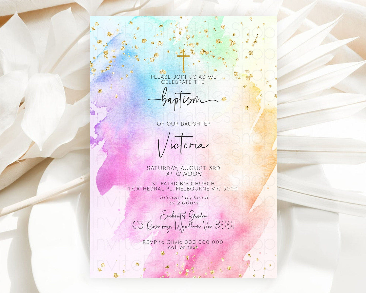 Pastel Baptism Invitation Pastel Colors Watercolor Baptism 1st Birthday Party Gold Ombre Pastel Rainbow Christening Holy Communion D10449
