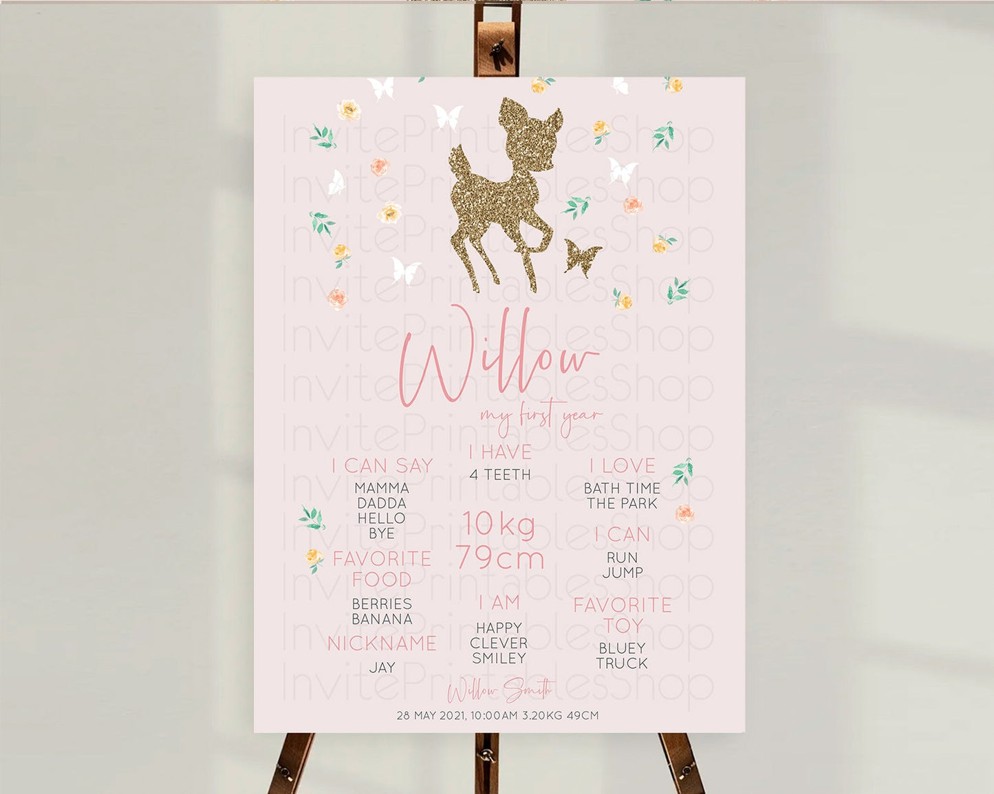 Fawn First Birthday Milestone Board Deer First Birthday Milestone Poster Enchanted Forest Butterfly Pastel Flowers 1st Birthday Sign D10386