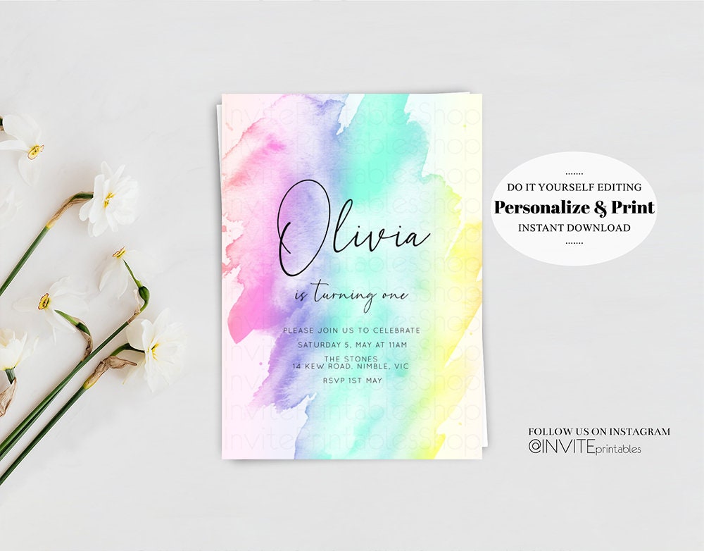 Rainbow Birthday Invitation Ombre Pastel Invite Colorful Watercolor Splash Invite Gold Glitter Sprinkles 1st 2nd 3rd Birthday Invite C210