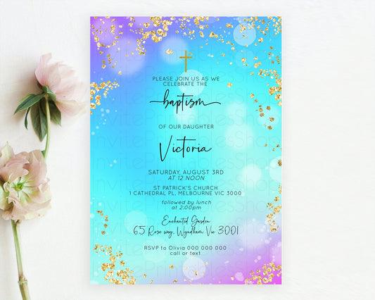 Pastel Baptism Invitation Pastel Colors Watercolor Baptism 1st Birthday Party Gold Ombre Pastel Rainbow Christening Holy Communion D10573