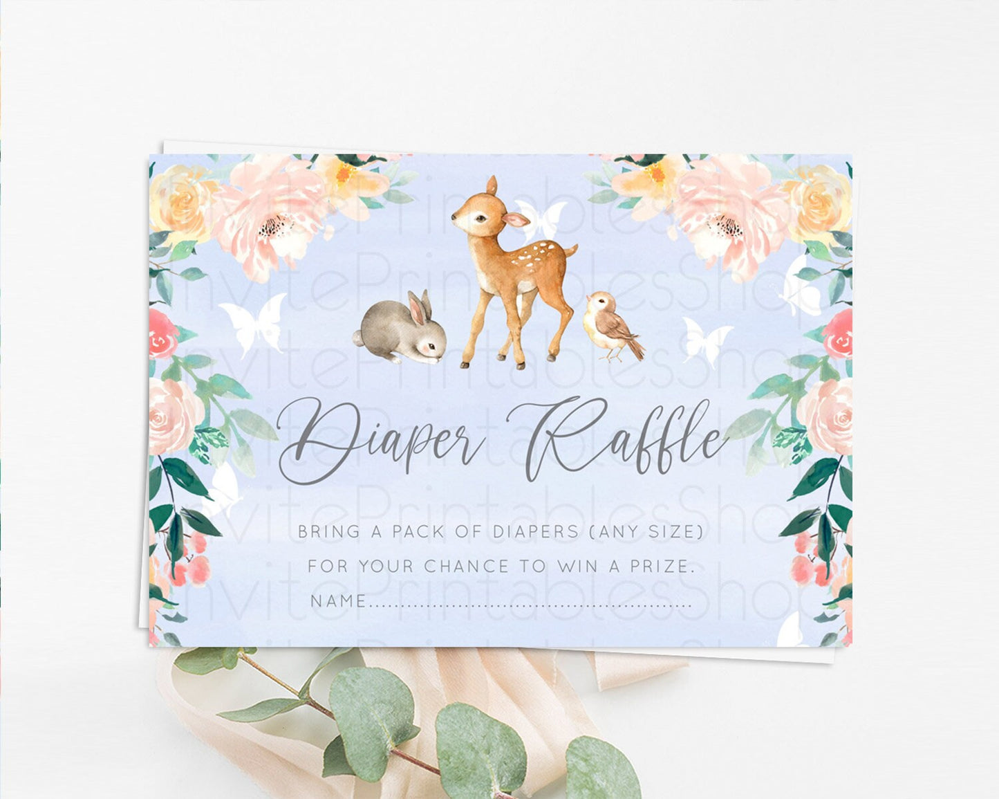 Fawn Diaper Raffle Card Deer Diaper Insert Floral Deer Diaper Ticket Enchanted Forest Butterfly Pastel Baby Shower Raffle Game D10920