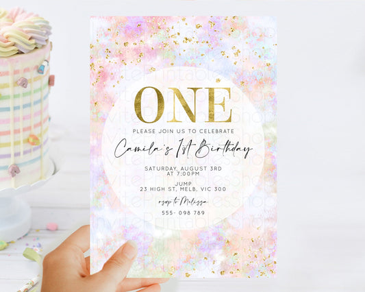 Rainbow Birthday Invitation Colorful Pastel Watercolor Invitation Gold Glitter Sprinkles Ombre Pastel 1st 2nd 3rd Birthday D10649