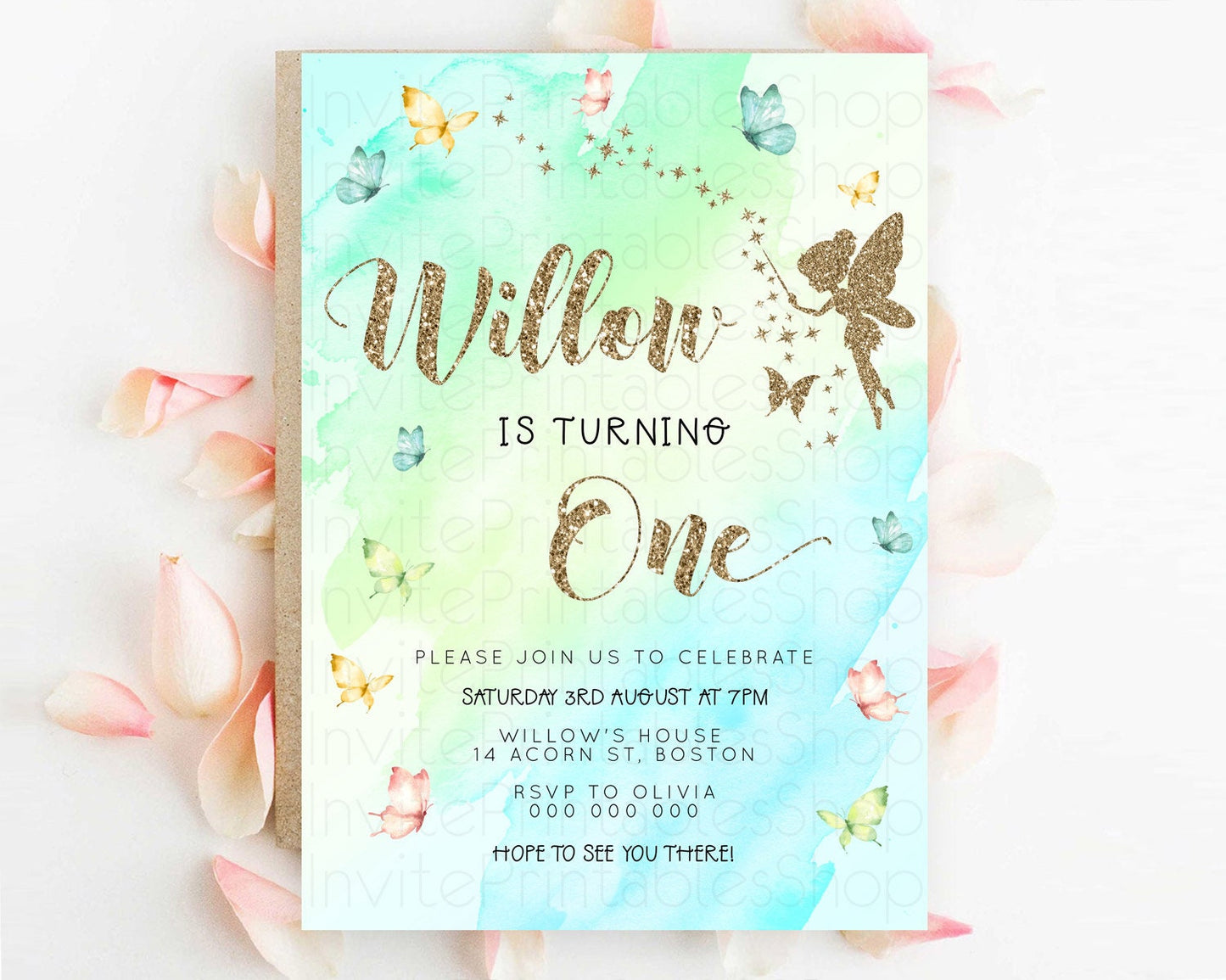 Pastel Fairy Birthday Invitation Pastel Butterflies Fairy Birthday Invitation Rainbow Ombre Watercolor 1st 2nd Birthday Invitation D23334