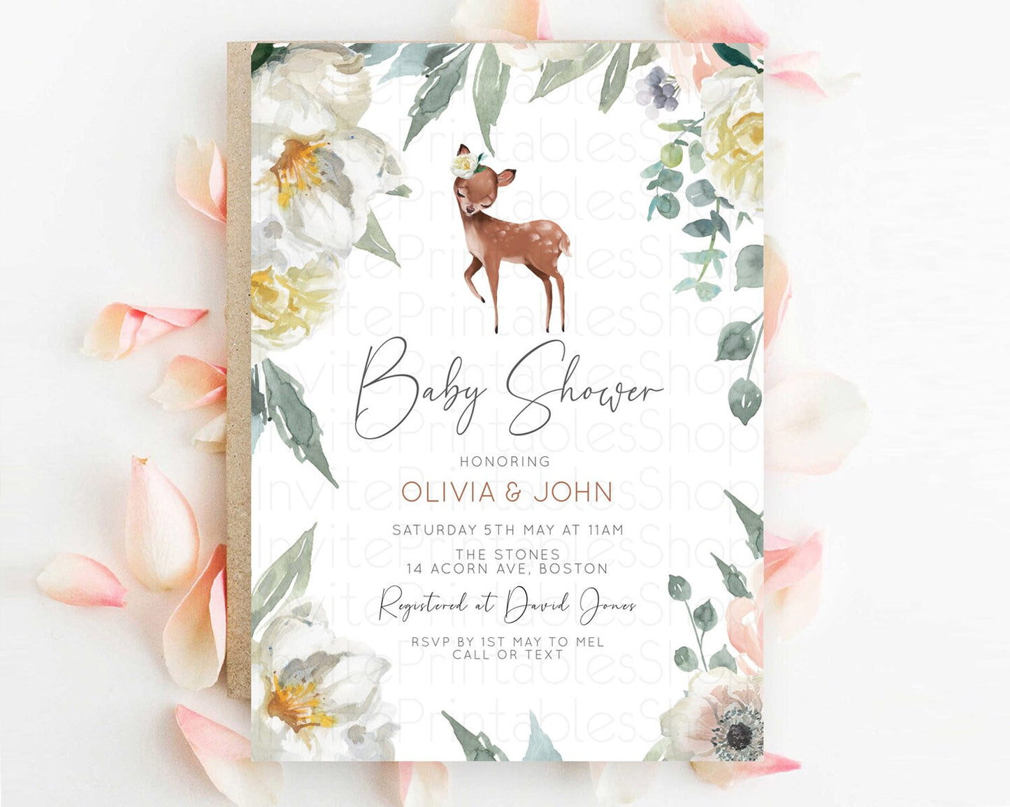 Fawn Baby Shower Invitation Deer Baby Shower Invites Enchanted Forest Theme Butterfly Pastel Flowers Whimsical Baby Shower D11030