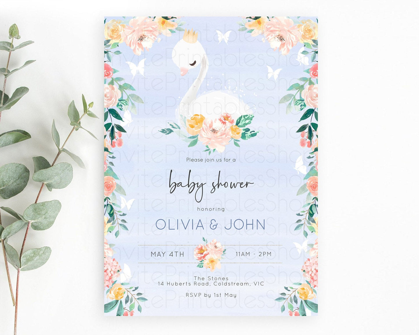 Swan Baby Shower Invitation, Swan Lake Princess Ballet, Secret Garden, Blue Watercolor, Pastel Floral, Pink Orange Flowers, Butterfly D10885