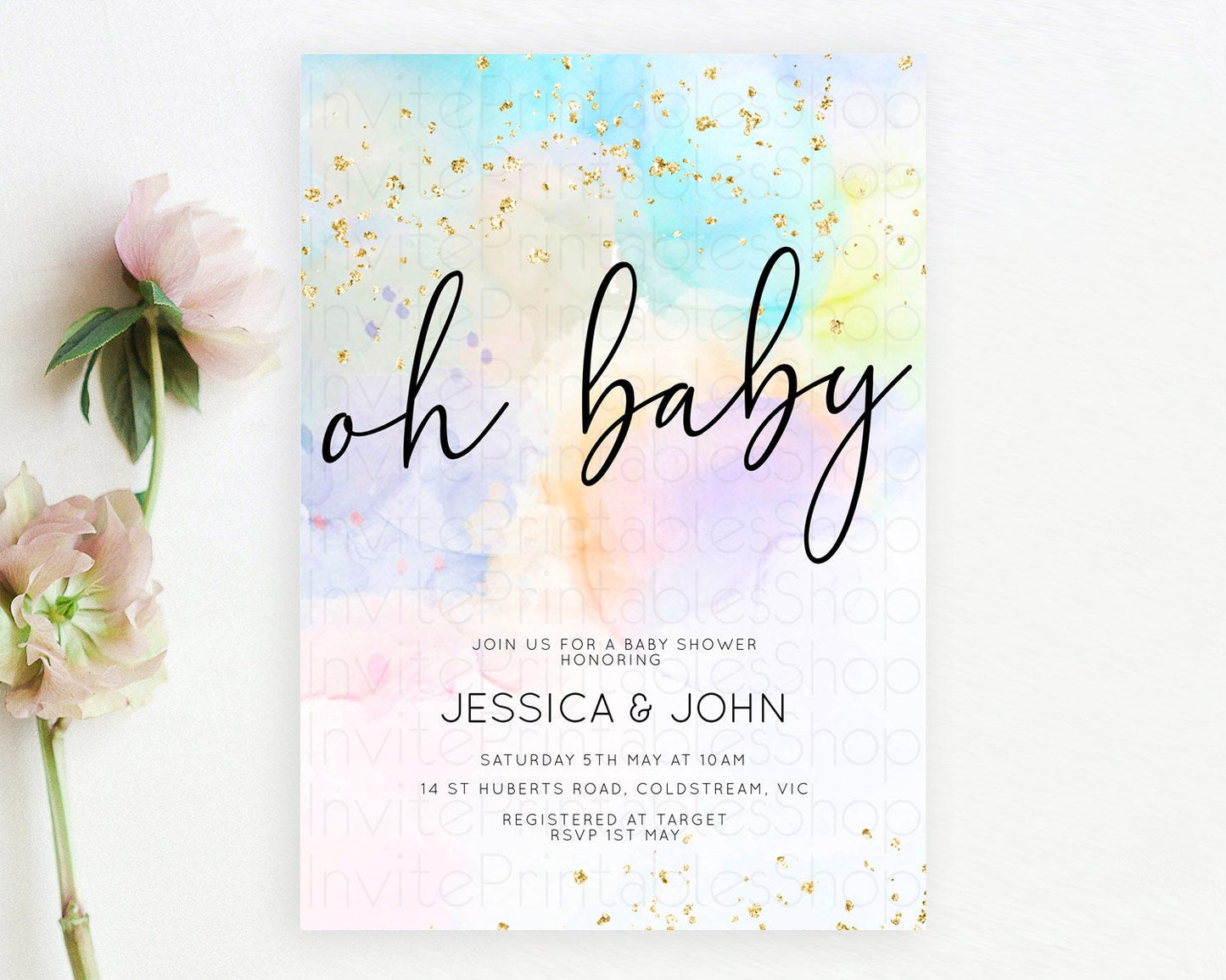 Pastel Baby Shower Invitation Rainbow Baby Shower Invitation Colorful Pastel Watercolor Invitation Gold Glitter Sprinkles Ombre D10769