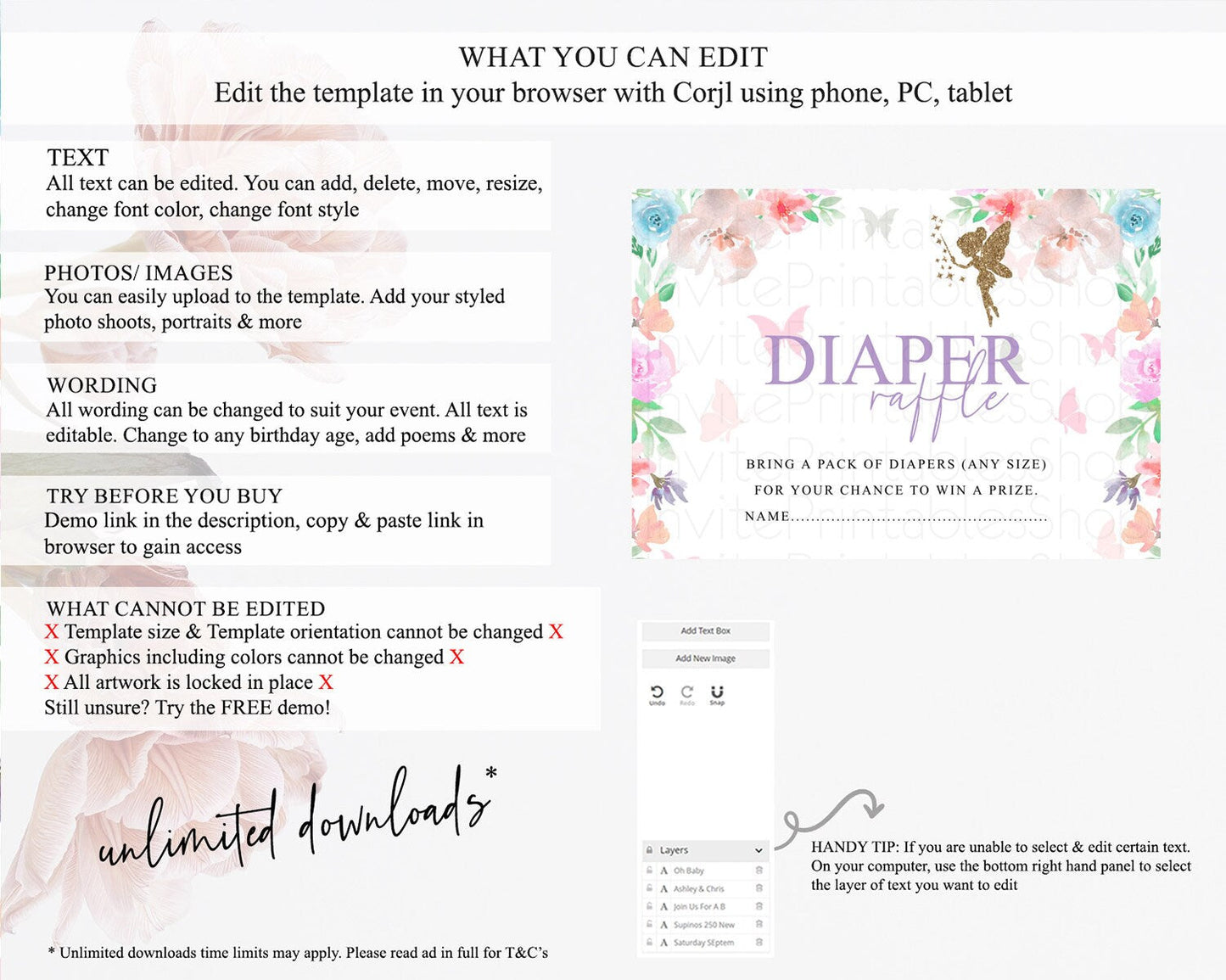 Fairy Diaper Raffle Card Fairy Diaper Insert Enchanted Garden Fairy Diaper Ticket Pastel Floral Butterfly Secret Garden Raffle Game D10126