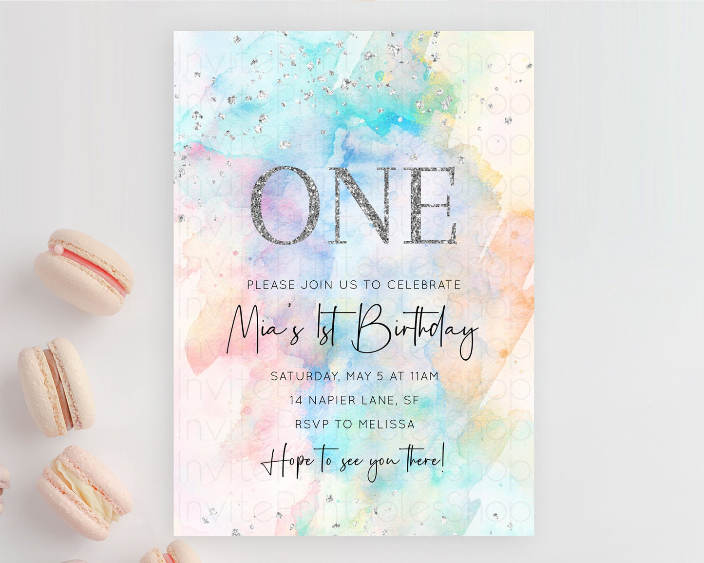 Rainbow Birthday Invitation Colorful Pastel Watercolor Silver Glitter Sprinkles Ombre Pastel Invitation 1st 2nd 3rd First Birthday D11031