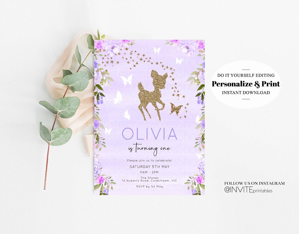 Editable Fawn Birthday Invite Deer Birthday Invite Deer Invite Purple Fawn P