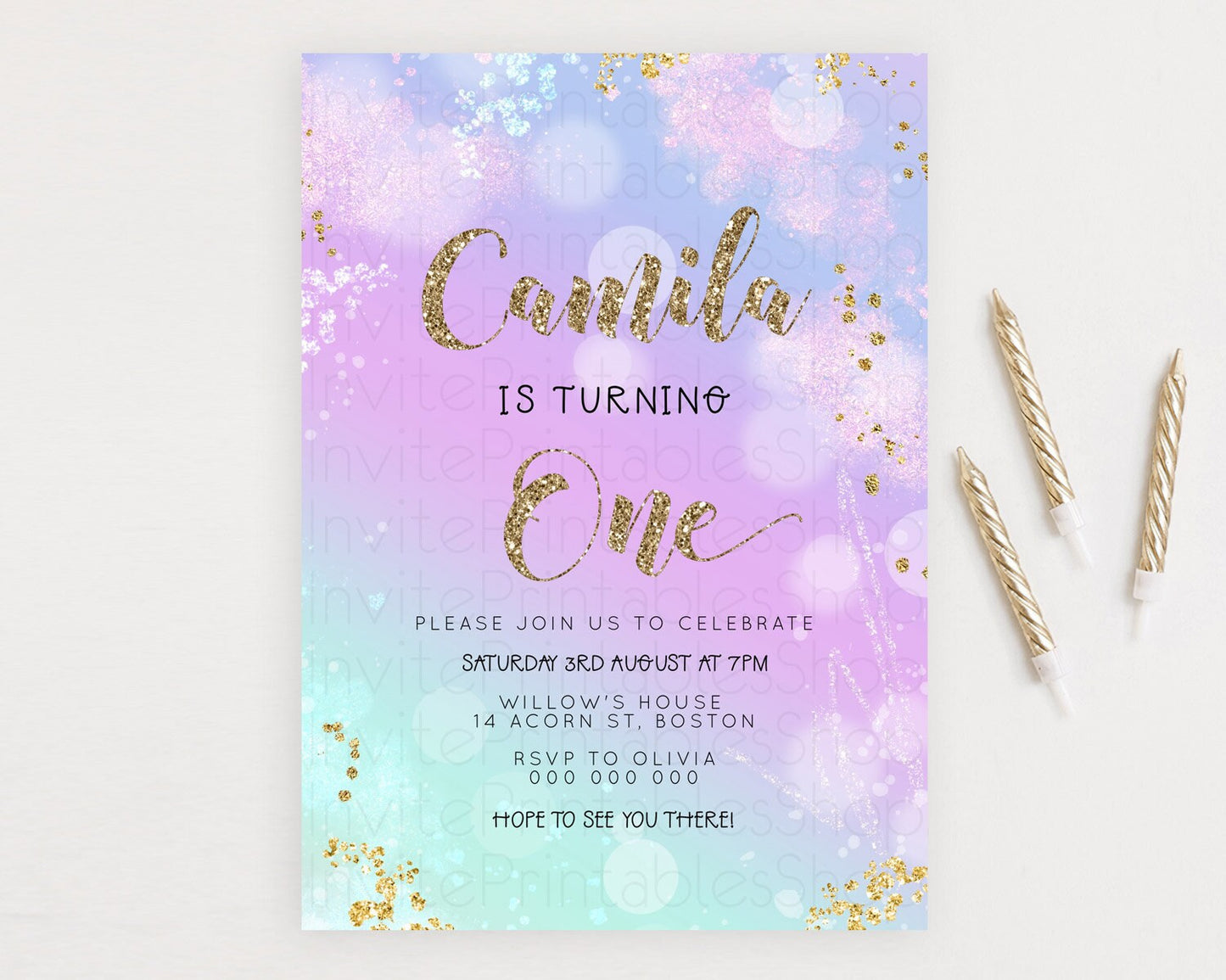 Rainbow Birthday Invitation Colorful Pastel Watercolor Invitation Gold Glitter Sprinkles Ombre Pastel 1st 2nd 3rd Birthday D23127