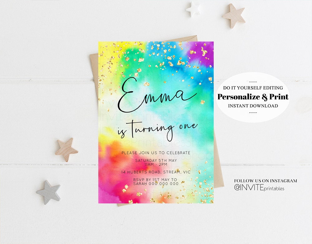 Tie Dye Rainbow Birthday Invitation Ombre Pastel Invitation Colorful Watercolor Splash Gold Glitter Sprinkles Printable Digital Invite 511