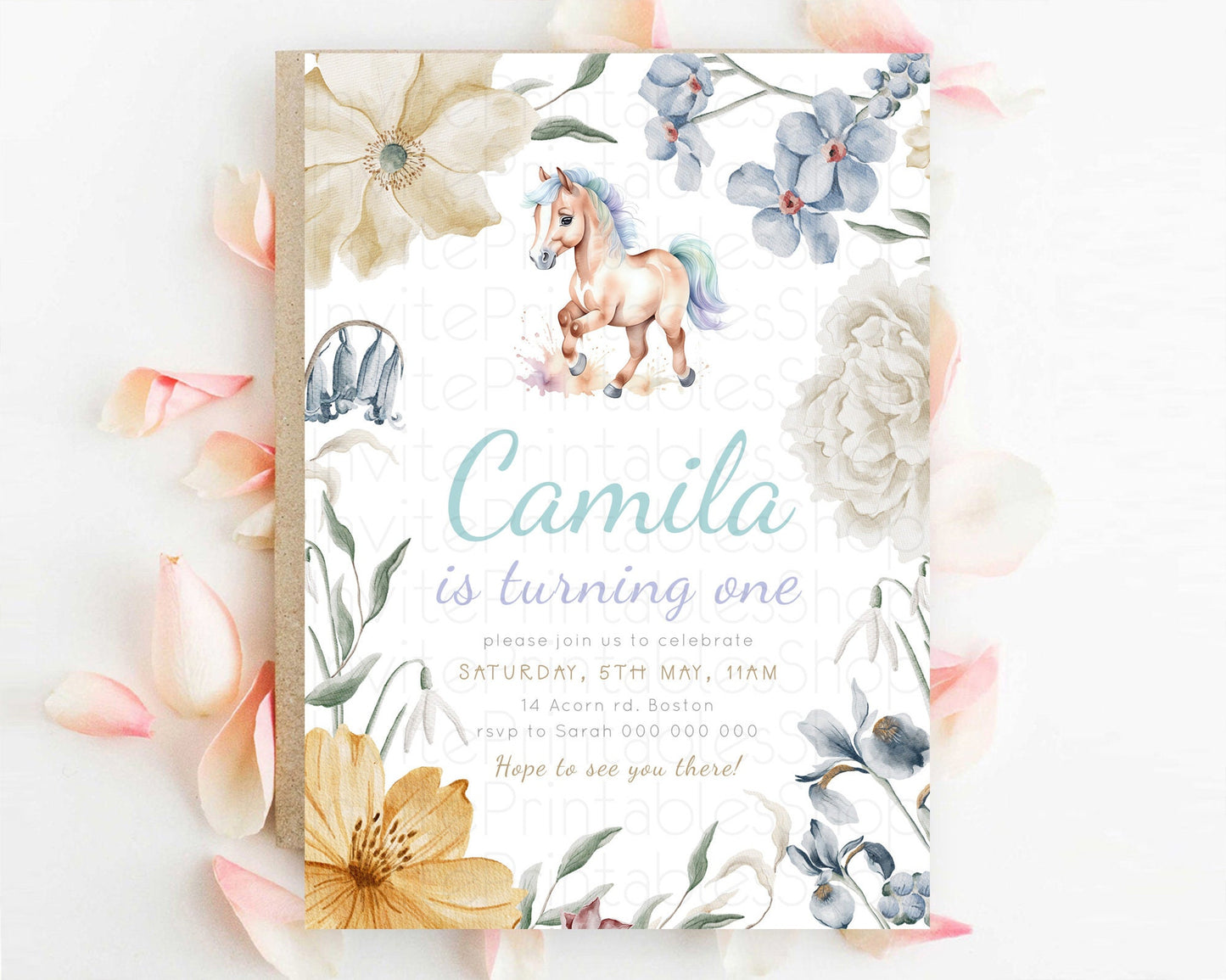 Horse Birthday Invitation, Galloping Wildflower Fields, Pastel Flowers, Butterflies, Flowers Accents for Equestrian & Cowgirls d23376