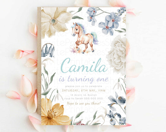 Horse Birthday Invitation, Galloping Wildflower Fields, Pastel Flowers, Butterflies, Flowers Accents for Equestrian & Cowgirls d23376