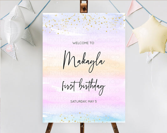 Pastel Welcome Sign Pastel Rainbow Welcome Sign Colorful Rainbow Confetti Watercolor Glitter Pastel First Birthday Welcome Sign D10594