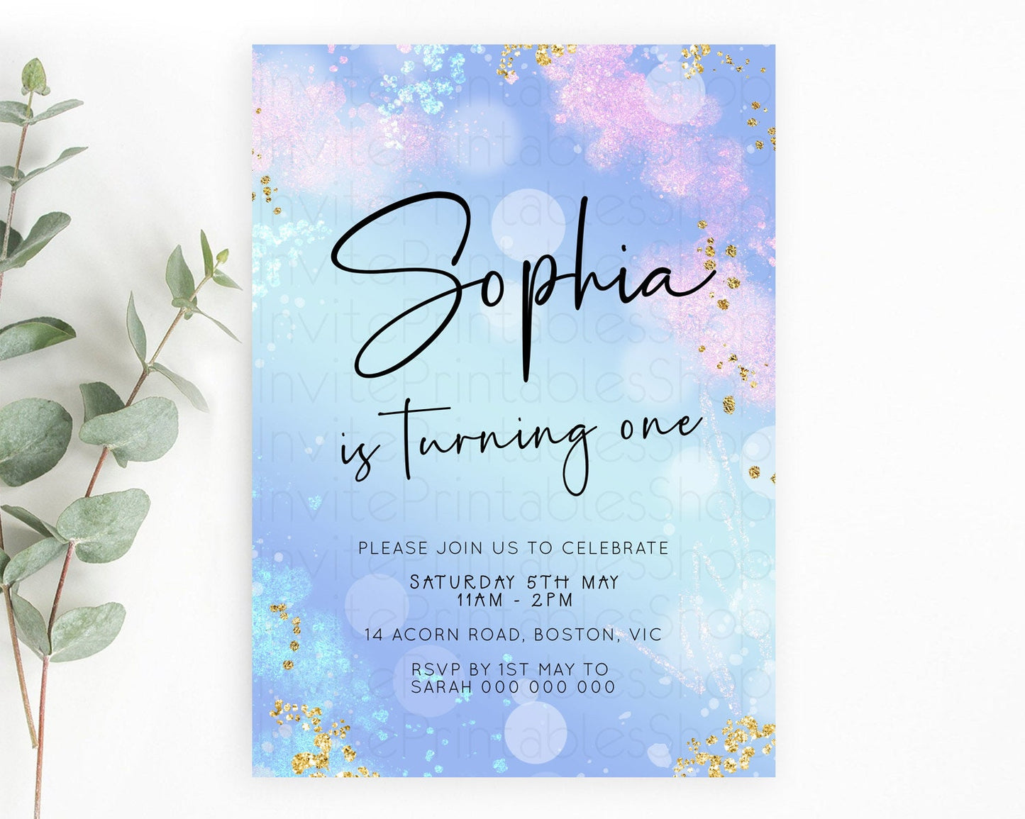 Blue Birthday Invitation Blue Watercolor Invitation Pastel Blue Watercolor Invitation Blue Splash Gold Invitation 1st First Birthday D23106