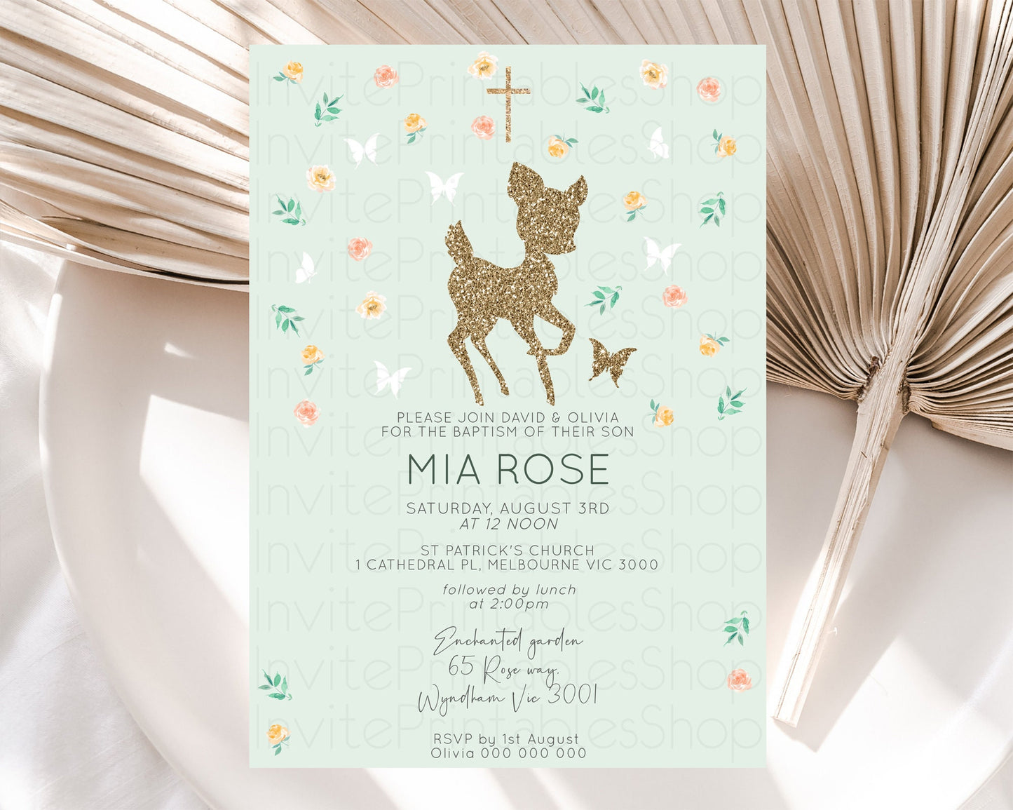 Fawn Baptism Invitation Deer Baptism 1st Birthday Invitation Enchanted Forest Christening Invitation Pastel Garden Butterfly Floral D10385