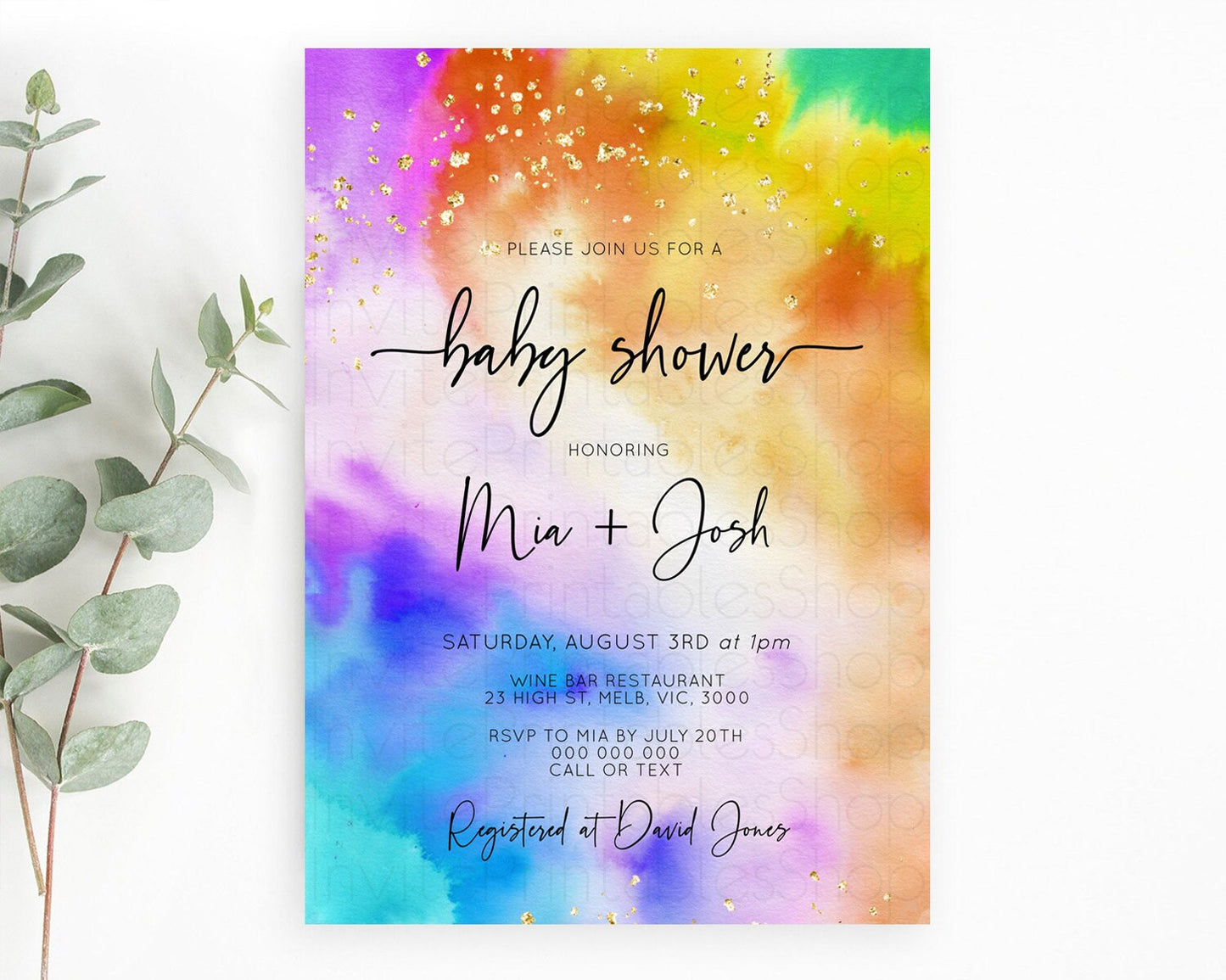 Pastel Baby Shower Invitation Rainbow Baby Shower Invitation Colorful Pastel Watercolor Invitation Gold Glitter Sprinkles Ombre D10530